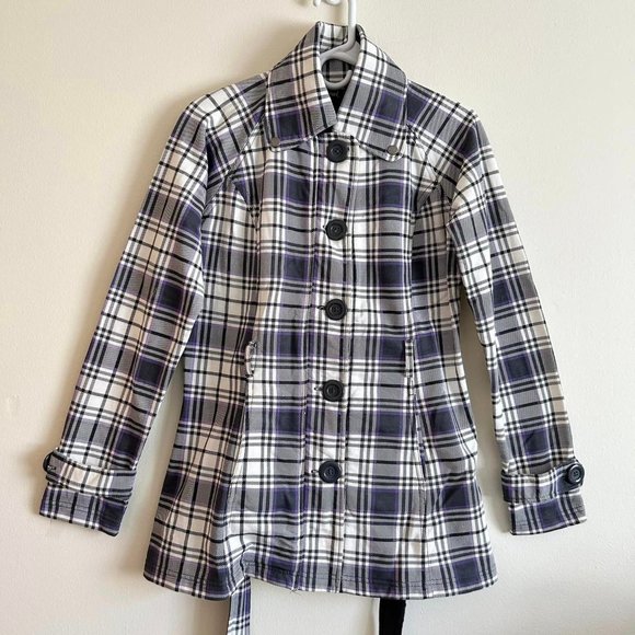 Size S Wet Seal Purple, Gray, and White Plaid belted and button up Women's Trenc - Picture 10 of 10